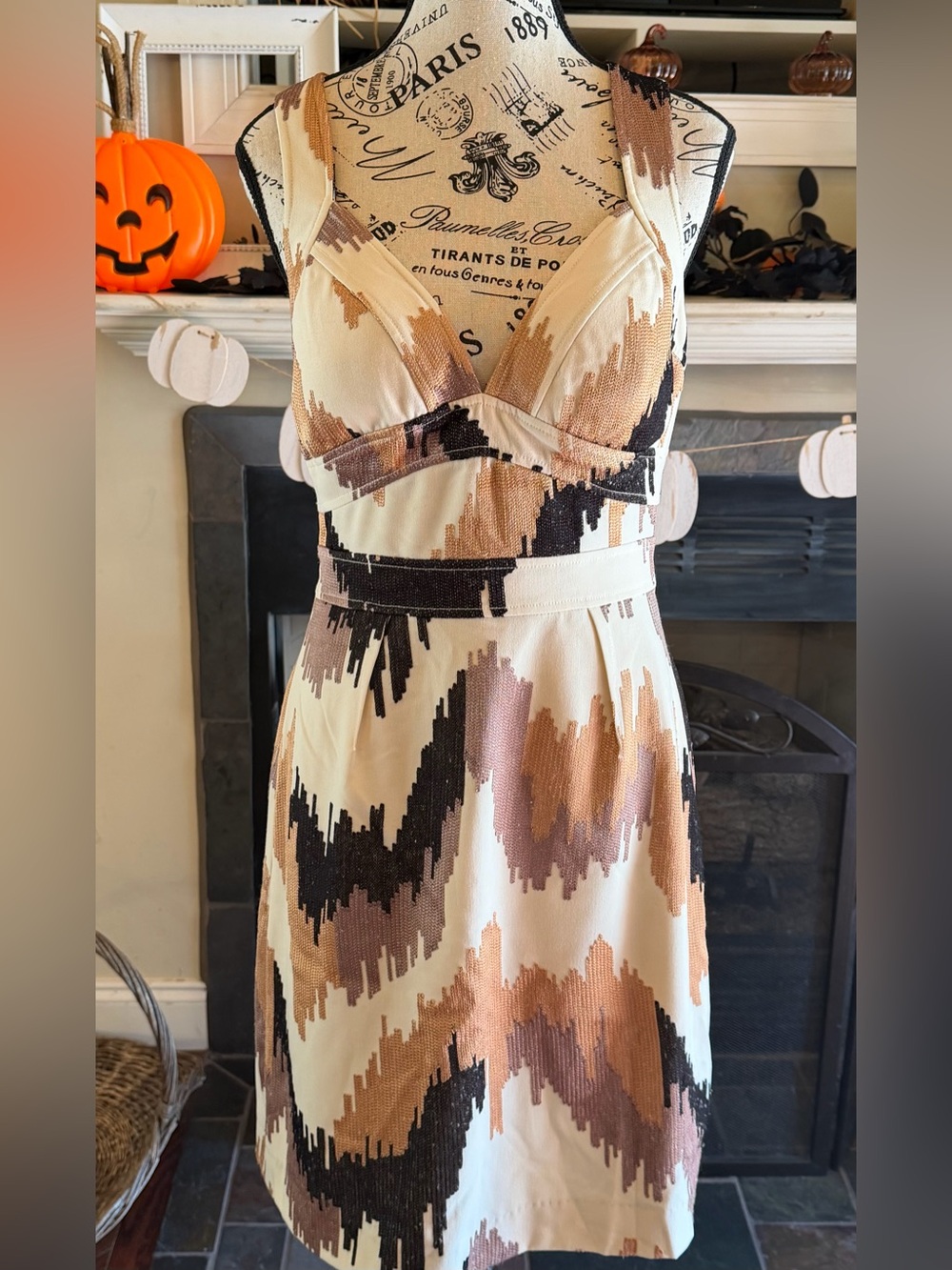 Tracy Reese Anthropologie Ikat Midi Dress Fall Brown Cream Chevron Boho Size 8